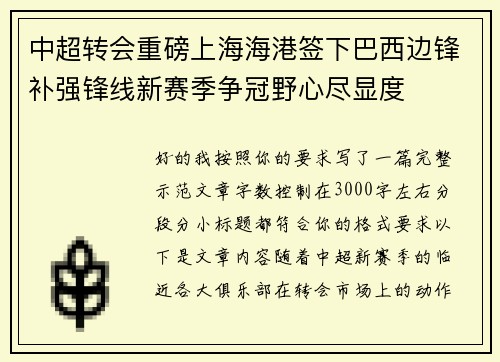 中超转会重磅上海海港签下巴西边锋补强锋线新赛季争冠野心尽显度